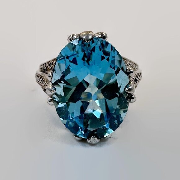 Blue Topaz Ring, Sterling Silver, Vintage, Big Statement, Size 5 3/4, Thailand - Picture 5 of 5